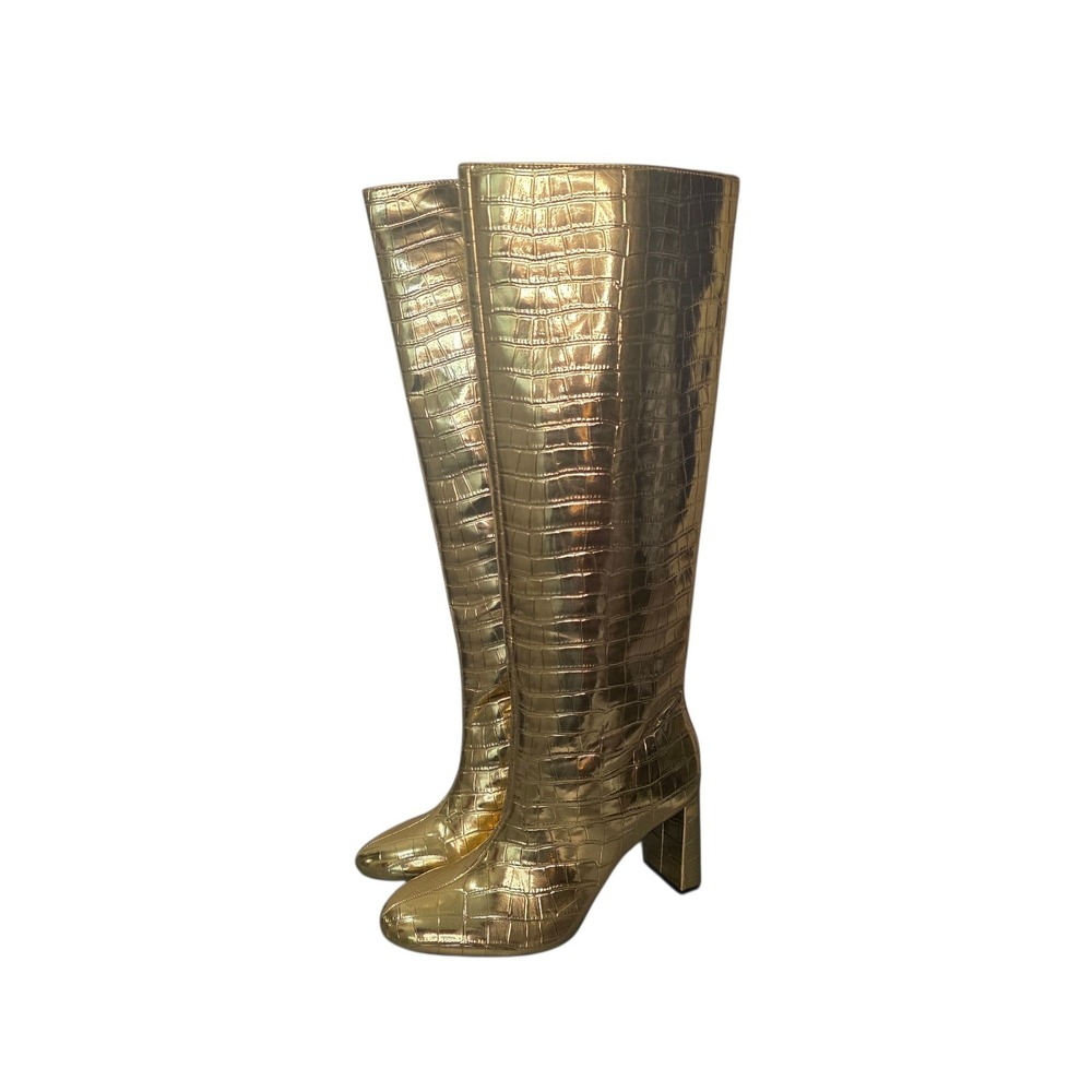 ZARA Gold Croc Embossed Knee High Boots EU 38 US 7.5 Metallic Heeled Tall Boots